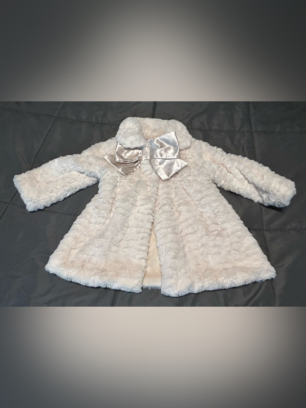 Girls' Cream Faux Fur Pea Coat with Satin Bow
